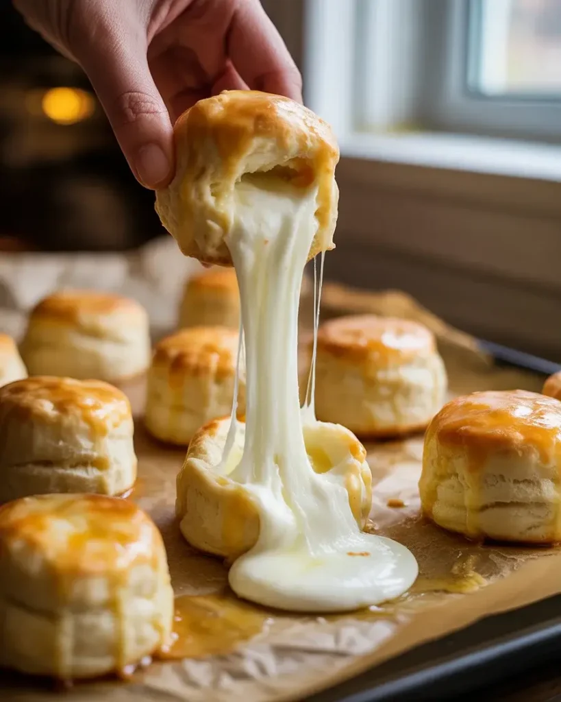 Pull-apart mozzarella biscuit bombs with a gooey, stretchy cheese center.