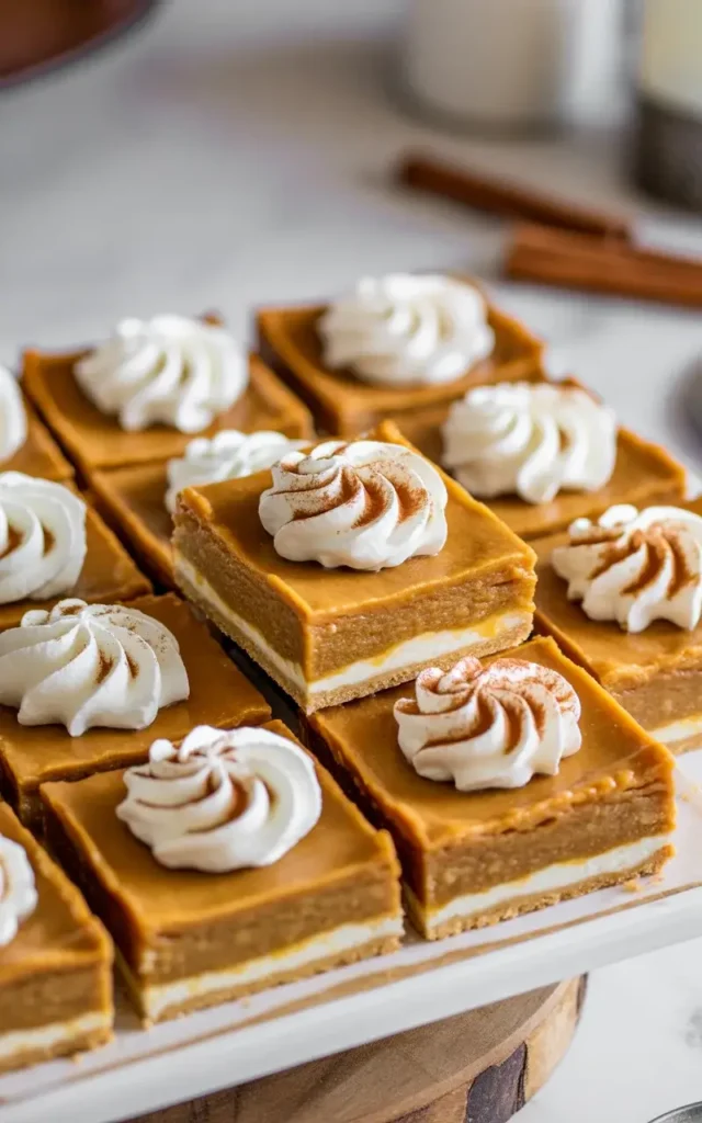 Pumpkin pie bars topped with whipped cream and cinnamon ready to serve