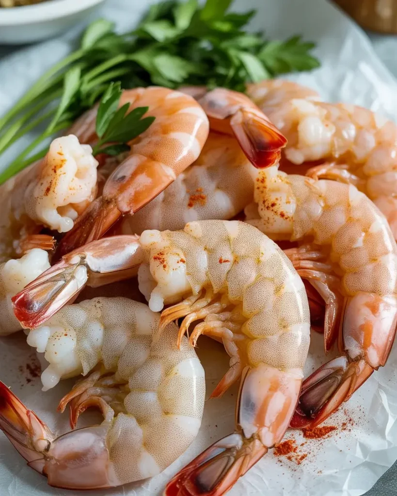 Raw shrimp seasoned with paprika and black pepper, ready to sear