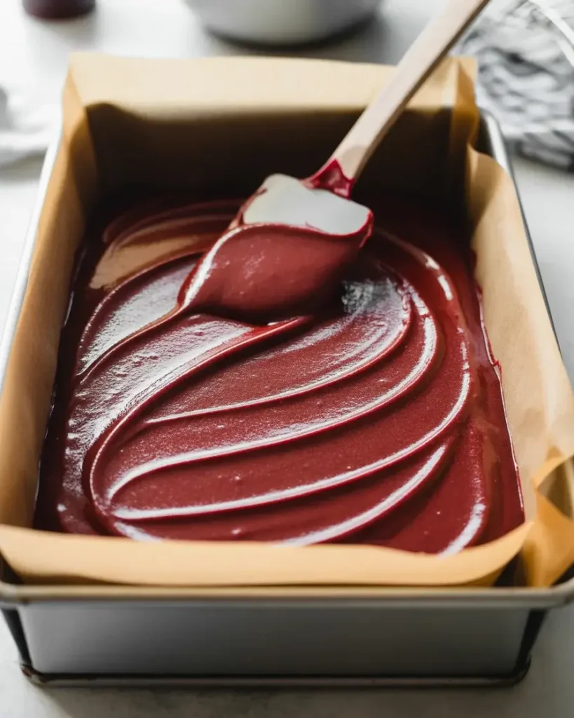 Red velvet batter spread evenly in a lined baking pan before going into the oven