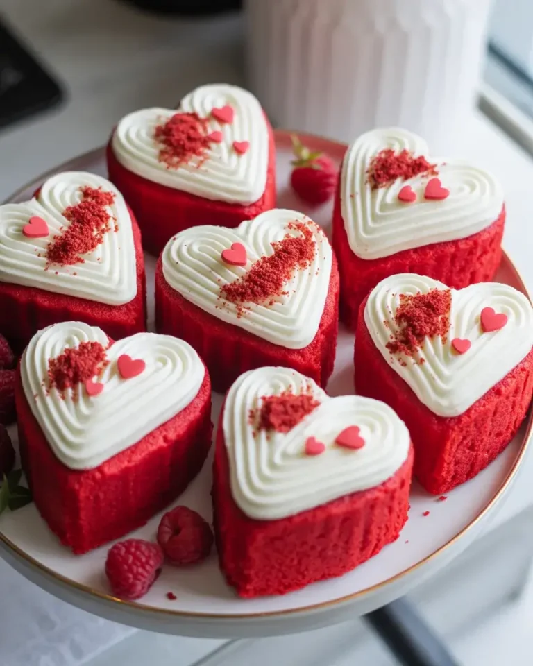 Red velvet hearts topped with cream cheese frosting, red sanding sugar, and heart sprinkles