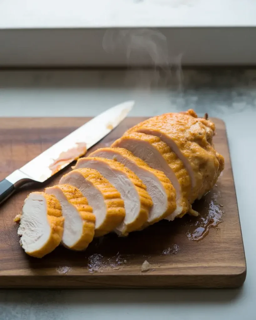 Rested chicken sliced into strips, showing a juicy interior and golden crust