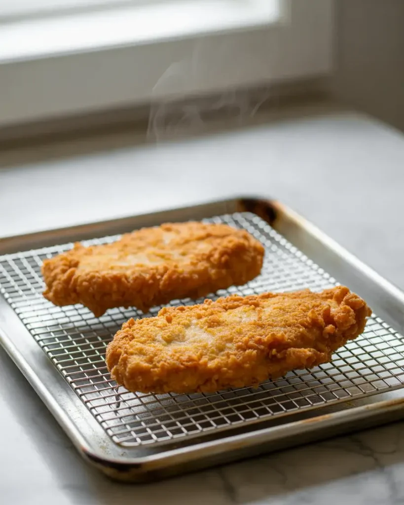 Resting fried cutlets on a wire rack keeps the bottom crust crispy, never soggy