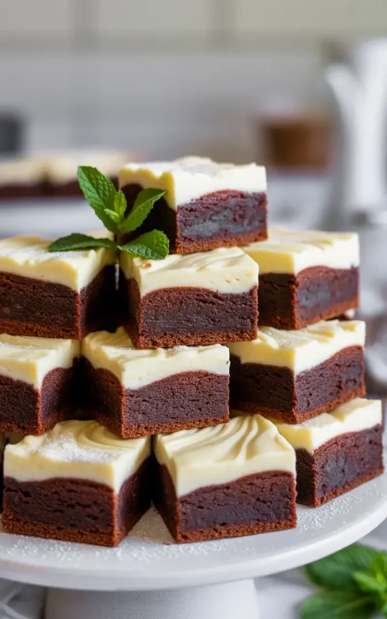 Rich fudgy cream cheese brownies with defined chocolate and cheesecake swirls on a white plate
