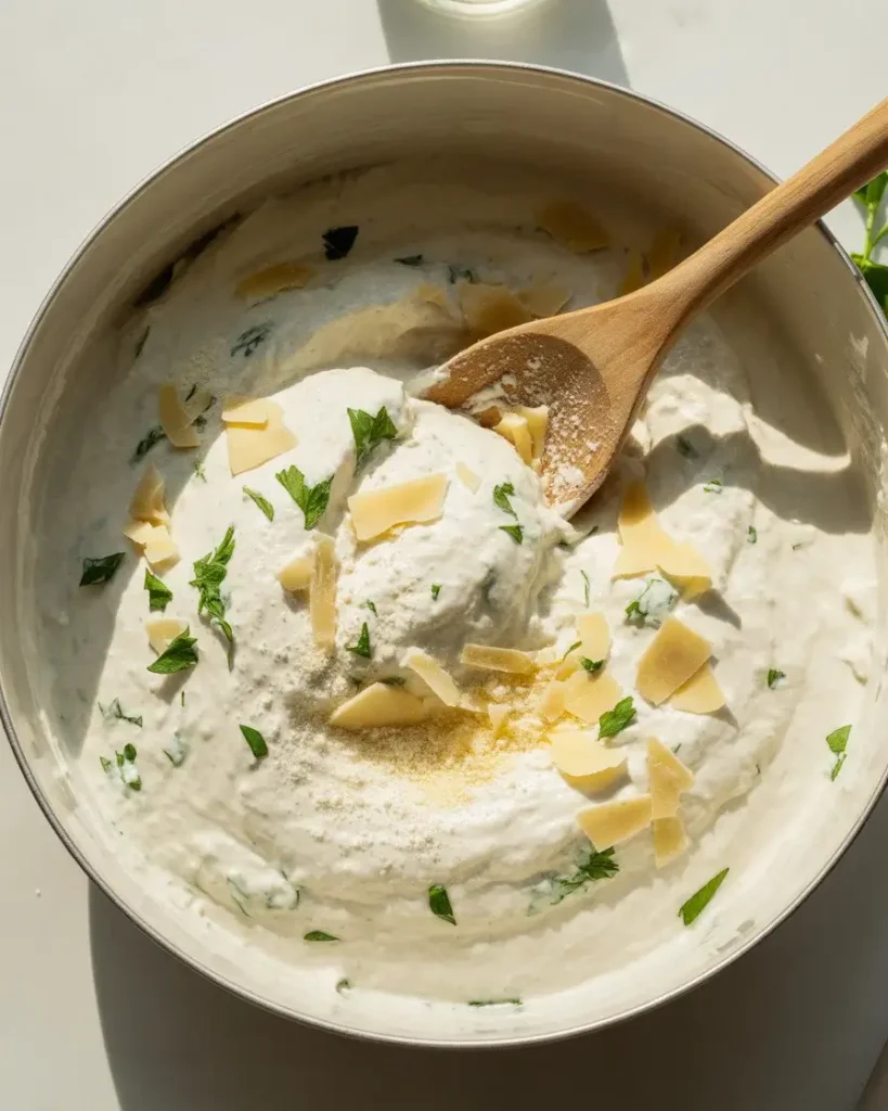 Ricotta layer mixed with Parmesan, parsley, and a pinch of nutmeg