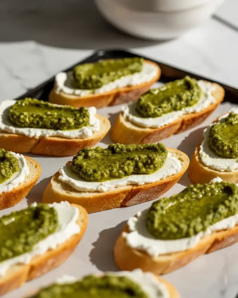 Ricotta spread on golden crostini with a bold pesto center dollop