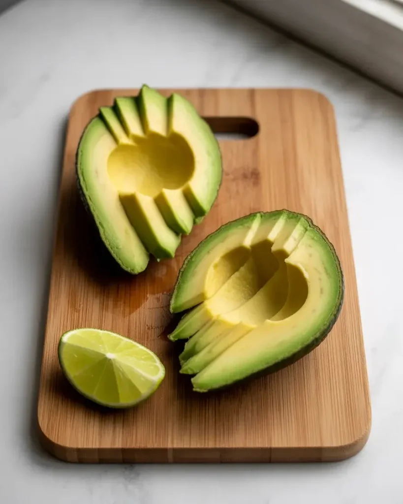 Ripe avocado sliced into fans and finished with a squeeze of fresh lime