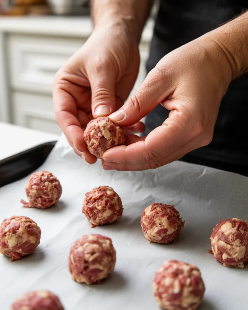 Rolling chilled Reuben filling into tight 1.5-inch balls before breading