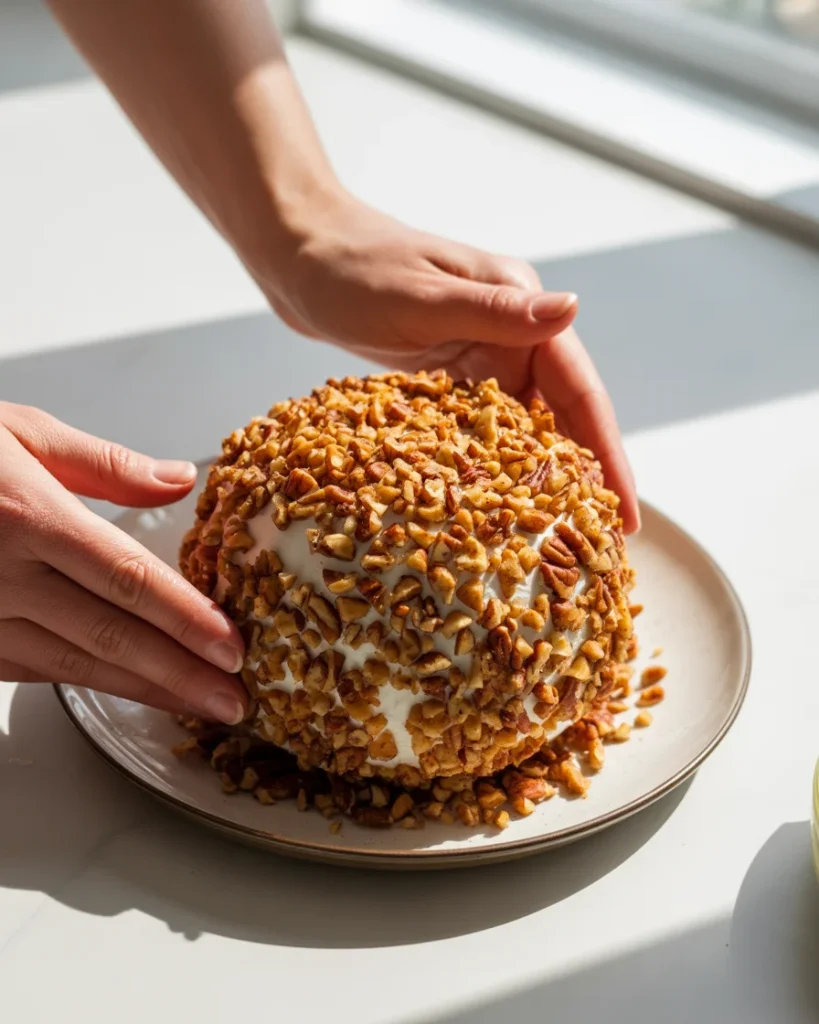 Rolling the chilled ball in toasted pecans until fully coated in a thick crunchy layer