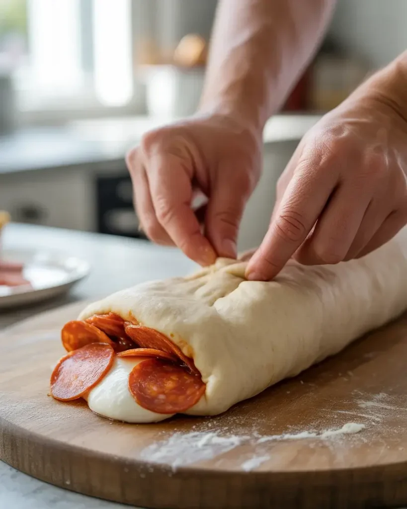 Rolling the stromboli tightly and pinching seams shut to keep all filling inside