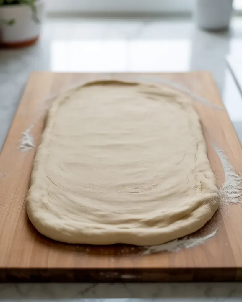 Room-temperature pizza dough rolled to 1/4-inch thickness for perfect stromboli crust