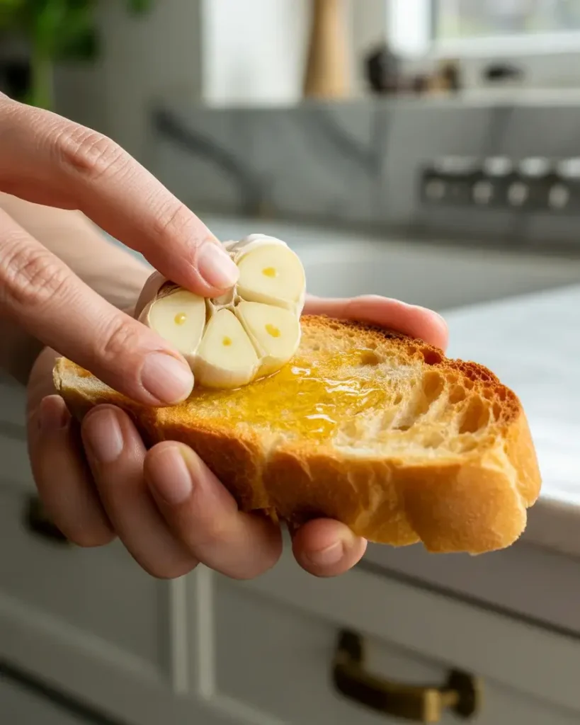 Rubbing fresh garlic onto hot toast infuses deep savory flavor instantly