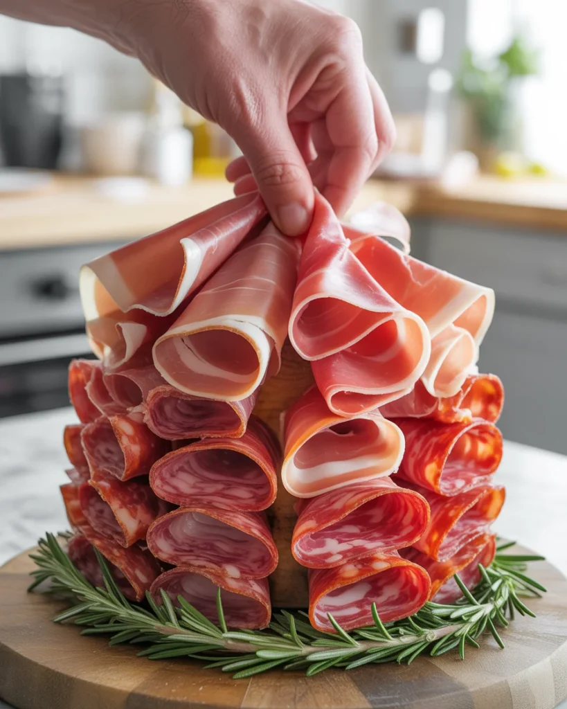 Ruffled prosciutto and folded salami layered in clusters for a full, festive wreath effect
