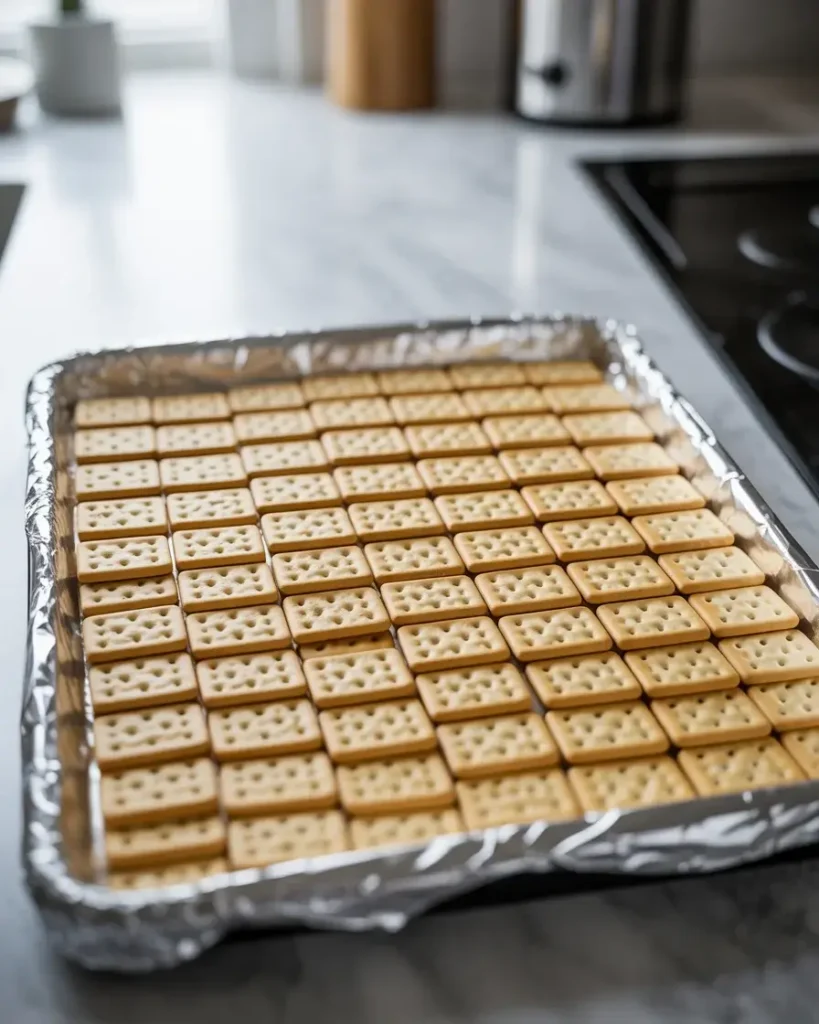 Saltine crackers arranged in a single tight layer on a foil-lined baking sheet