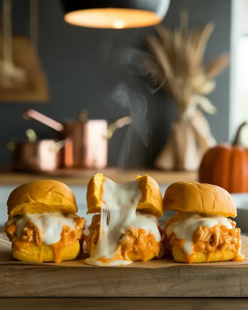 Saucy, cheesy buffalo pumpkin sliders stacked on a rustic board.