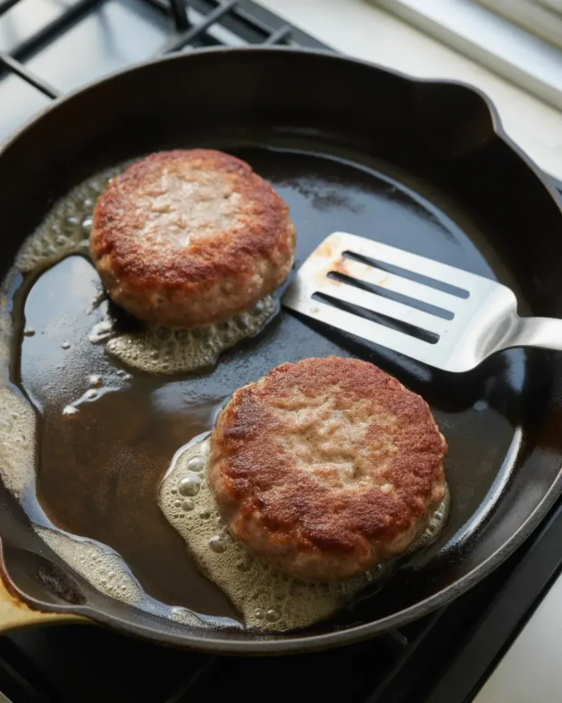 Sausage patties sizzling in cast iron until golden and fully cooked