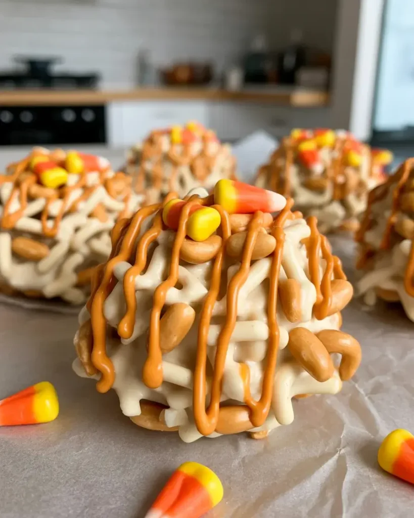 Scooped haystack clusters on parchment paper before setting, rustic and crunchy