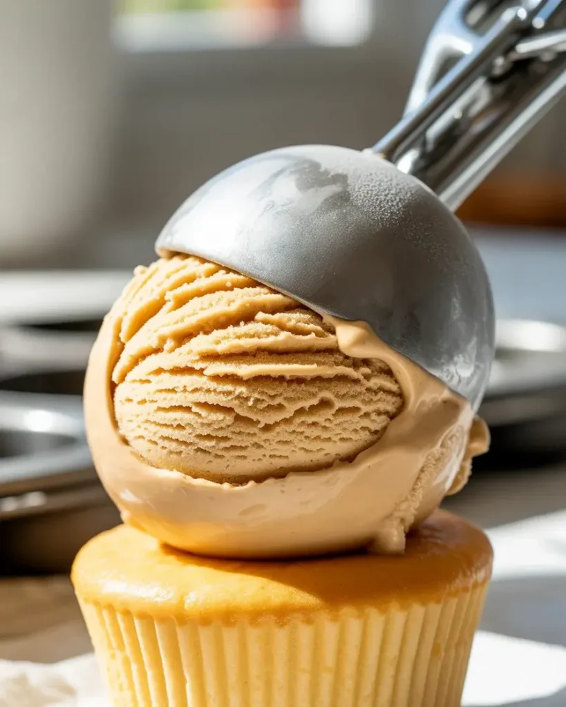 Scooping caramel ice cream onto cooled cupcake bases before the praline topping