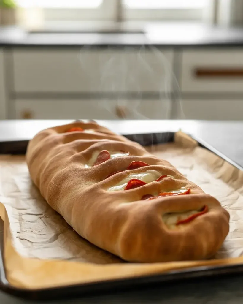 Scored stromboli brushed with egg wash and garlic powder before baking