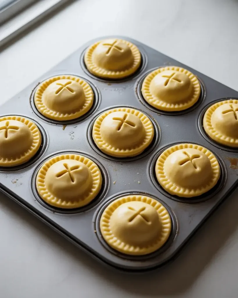 Sealed and vented mini pies ready for the oven with egg wash brushed on top