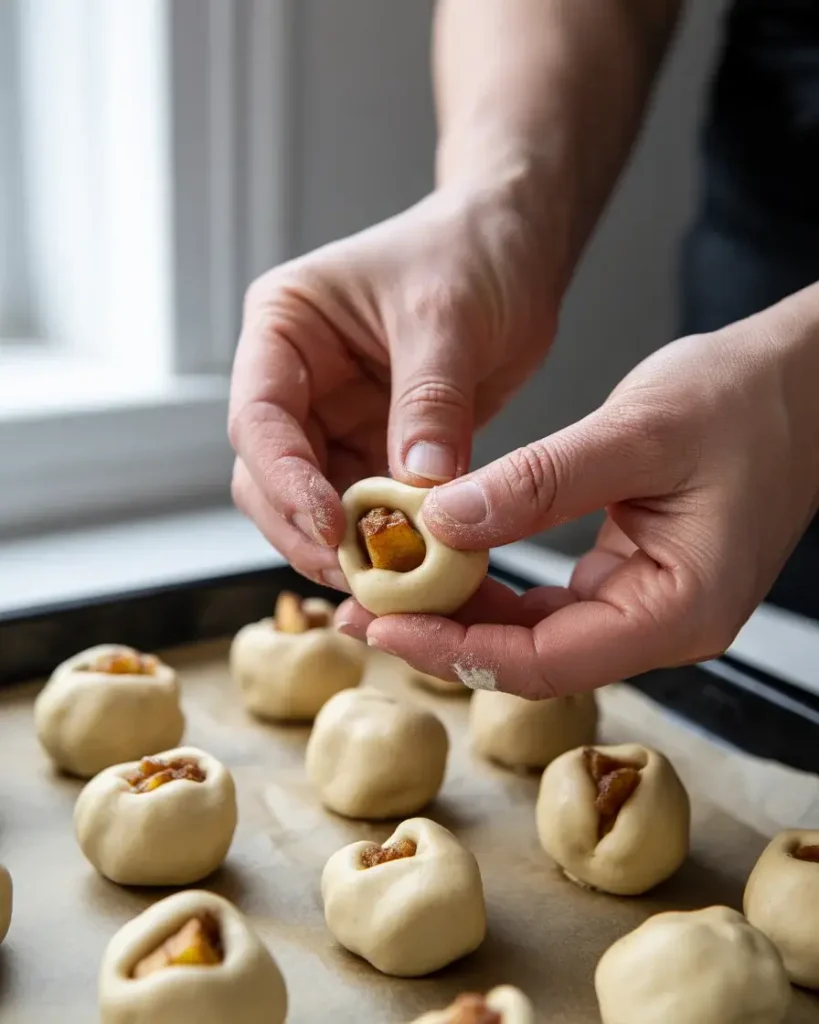 Sealing apple filling inside snickerdoodle dough balls before rolling in cinnamon-sugar