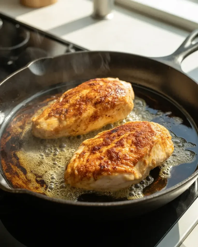 Searing chicken over high heat until a deep golden crust forms on both sides