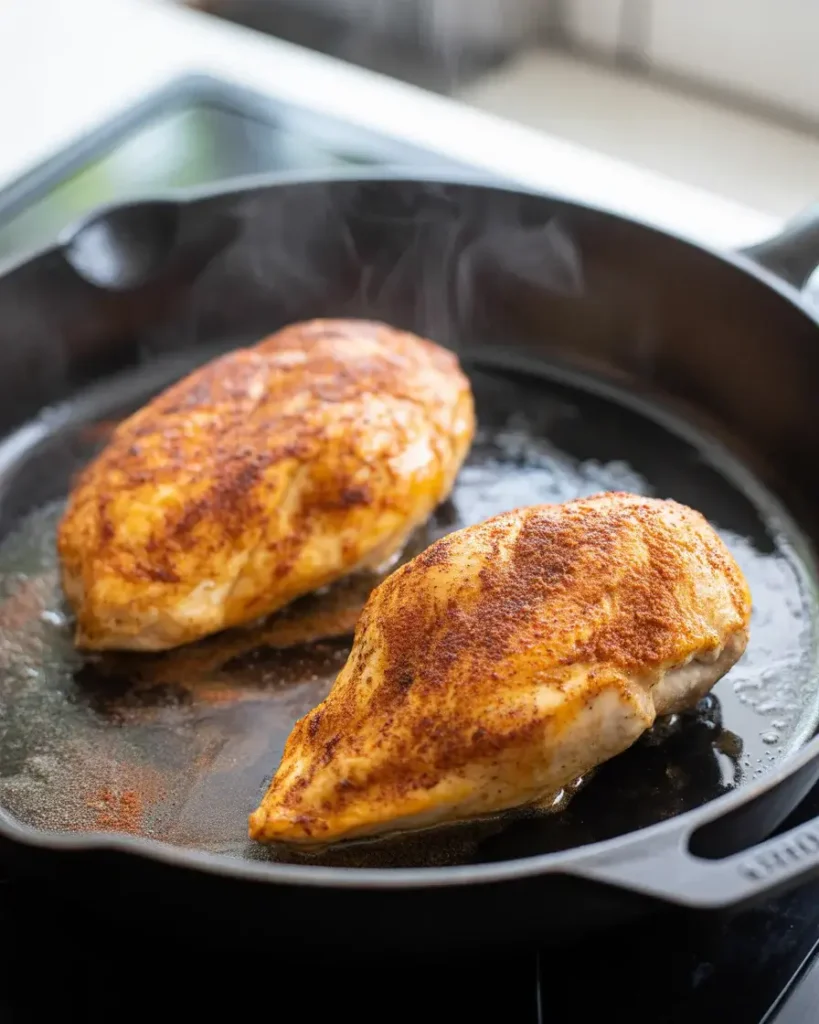 Seasoned chicken breasts cooking in cast iron until golden and cooked through at 165°F