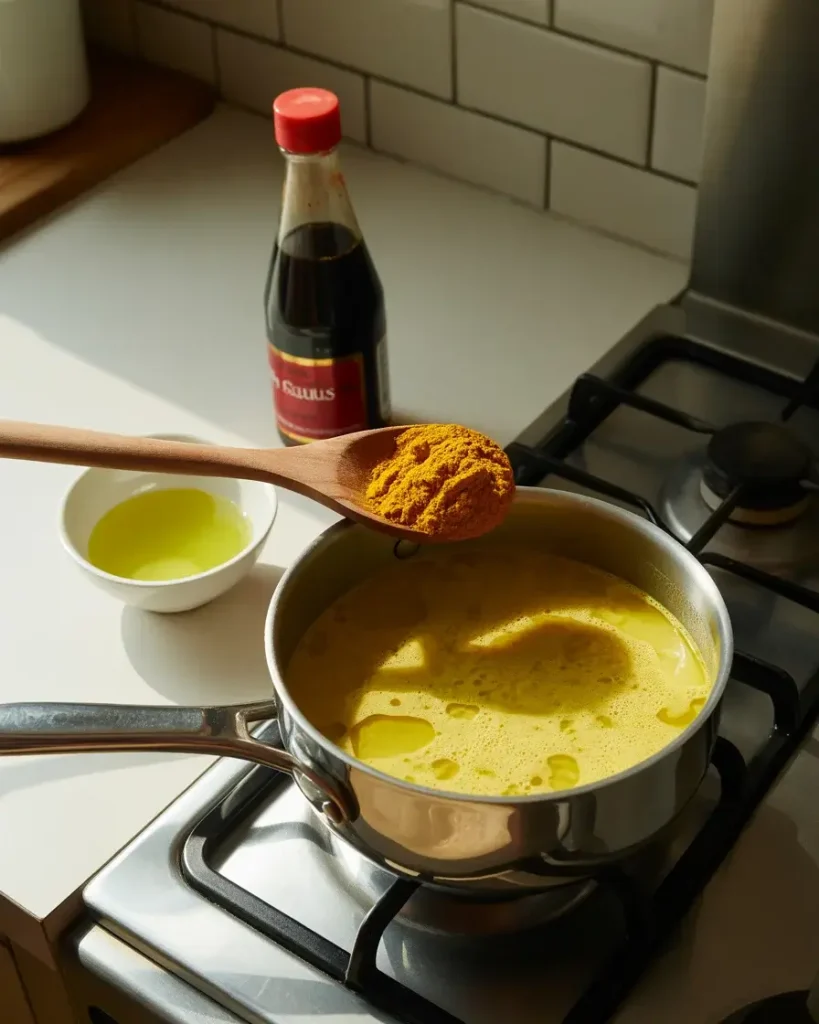  Seasoning the curry broth with turmeric, fish sauce, and fresh lime juice