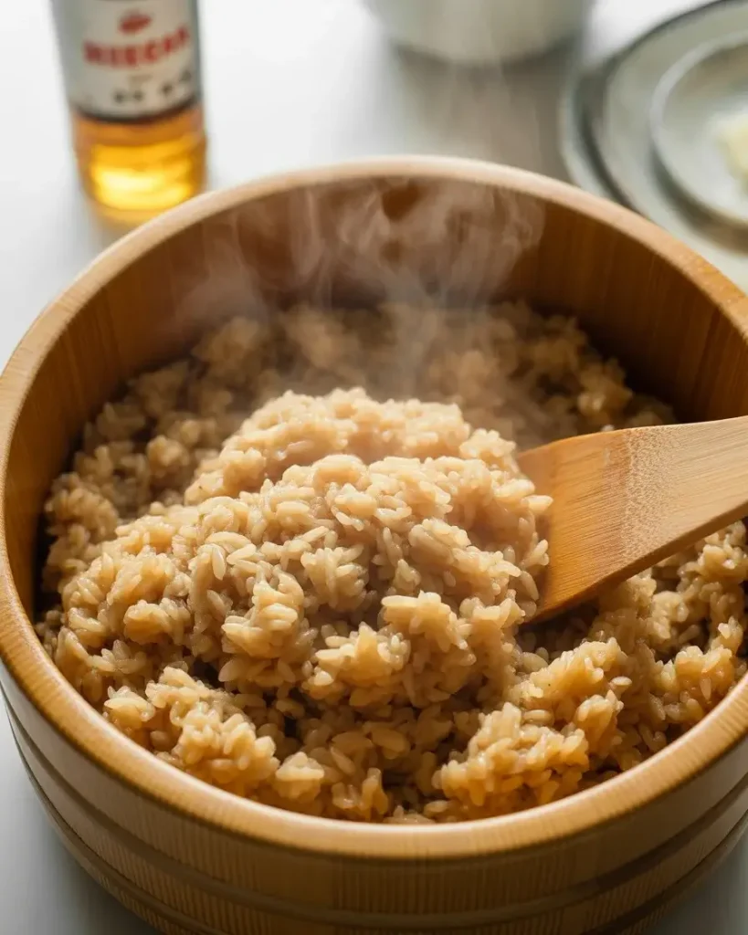 Seasoning warm sushi rice with rice vinegar, sugar, and salt for the perfect sticky base