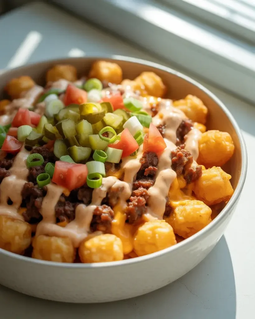  Serving cheesy tater tot casserole topped with pickles, green onions, and burger sauce