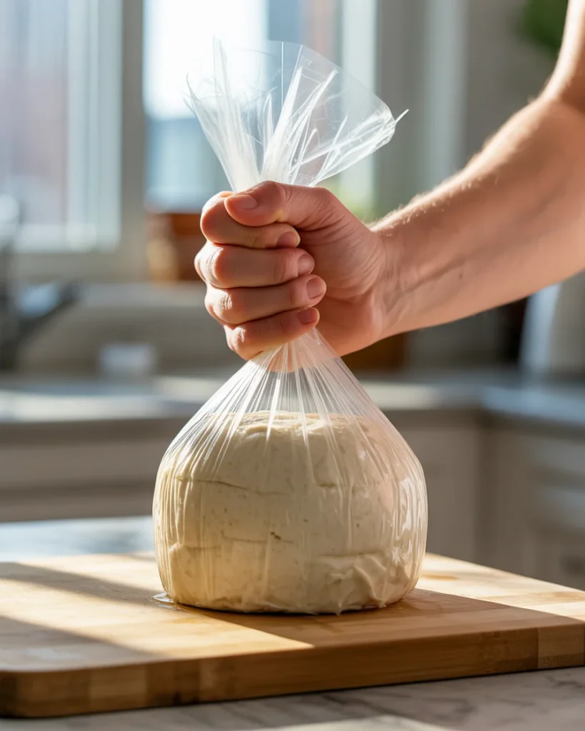  Shaping the cream cheese mixture into a tight round ball through plastic wrap