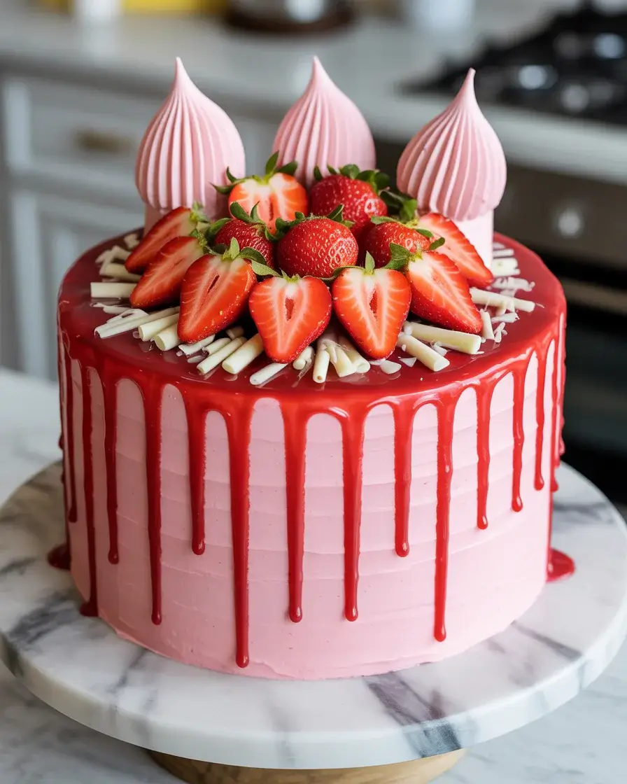 Showstopping strawberry drip cake with glossy pink ganache, fresh strawberries, and buttercream rosettes