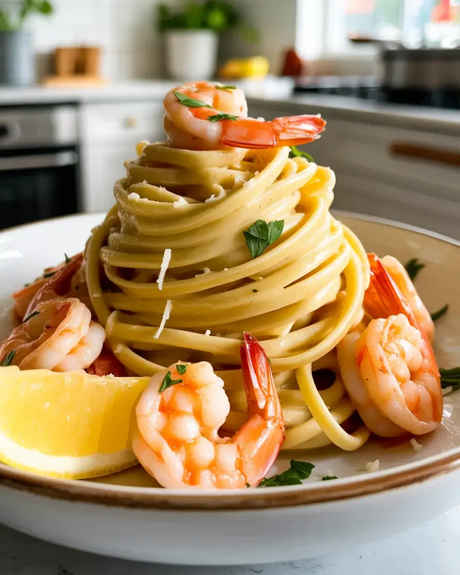 Shrimp Pasta Amore plated with seared shrimp, creamy garlic sauce, Parmesan, and fresh parsley