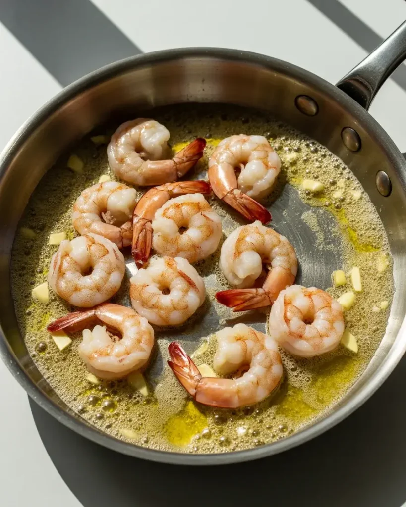 Shrimp cooking in garlic butter just until pink - pull them at the "C" shape stage