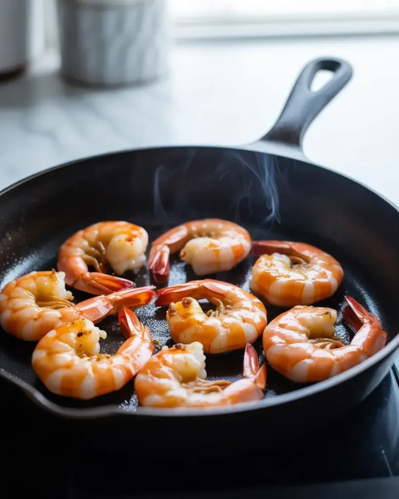 Shrimp searing in a cast-iron skillet with smoky char forming on the edges