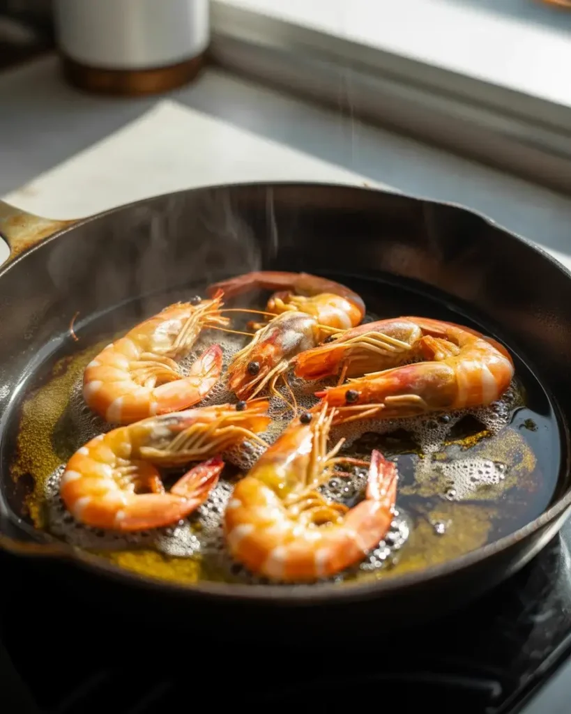 Shrimp searing in cast iron until bright pink with golden char edges