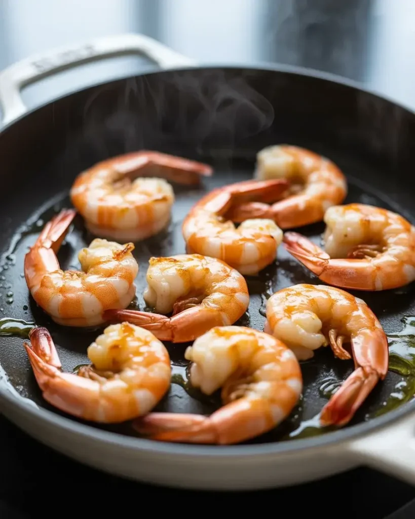 Shrimp searing in hot oil until golden edges form, about 90 seconds per side