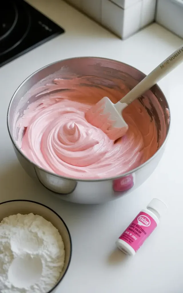 Silky buttercream frosting tinted pastel pink and ready to spread
