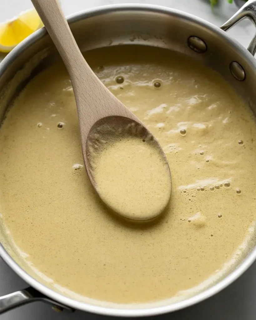 Silky cream and wine sauce simmering to a spoon-coating consistency