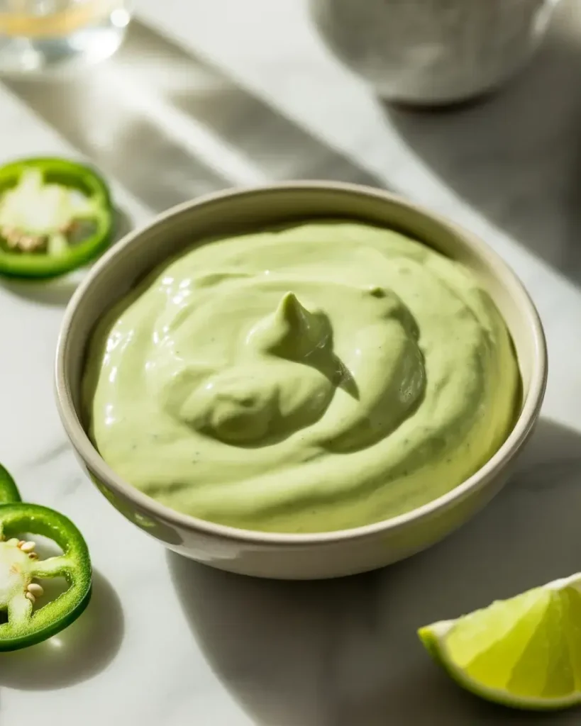 Silky jalapeño crema with fresh garlic and lime for drizzling over the bowl