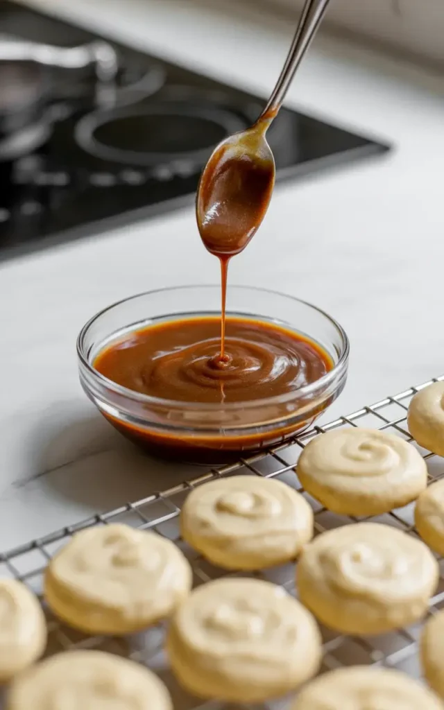 Silky maple glaze ready to drizzle over cooled autumn spice ricotta cookies