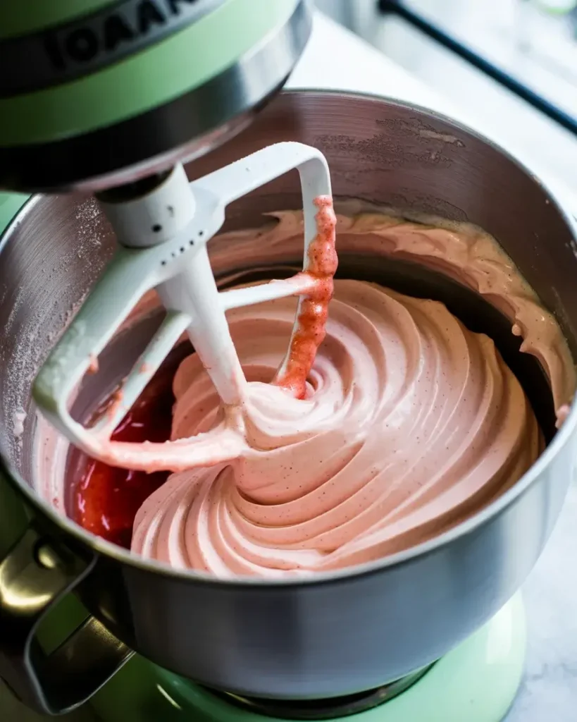 Silky pink strawberry buttercream made with real reduced strawberry puree