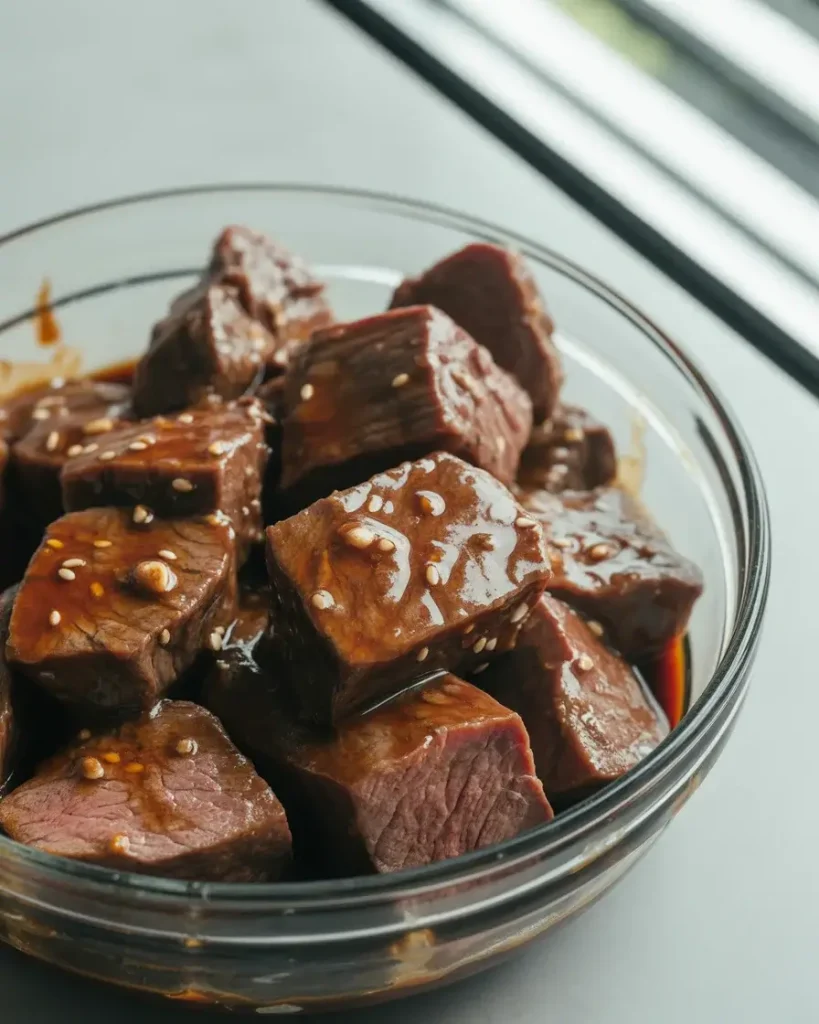 Sirloin cubes marinating in teriyaki sauce for at least 30 minutes