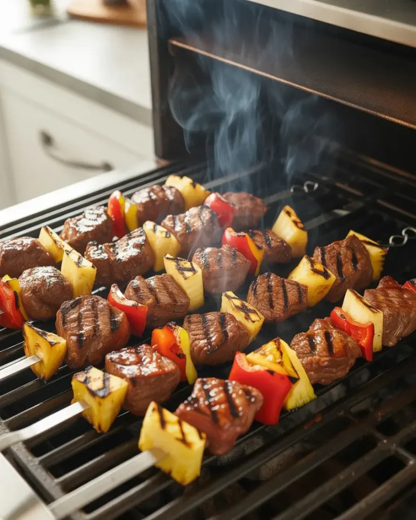 Skewers grilling at 450°F with caramelized pineapple and charred grill marks forming