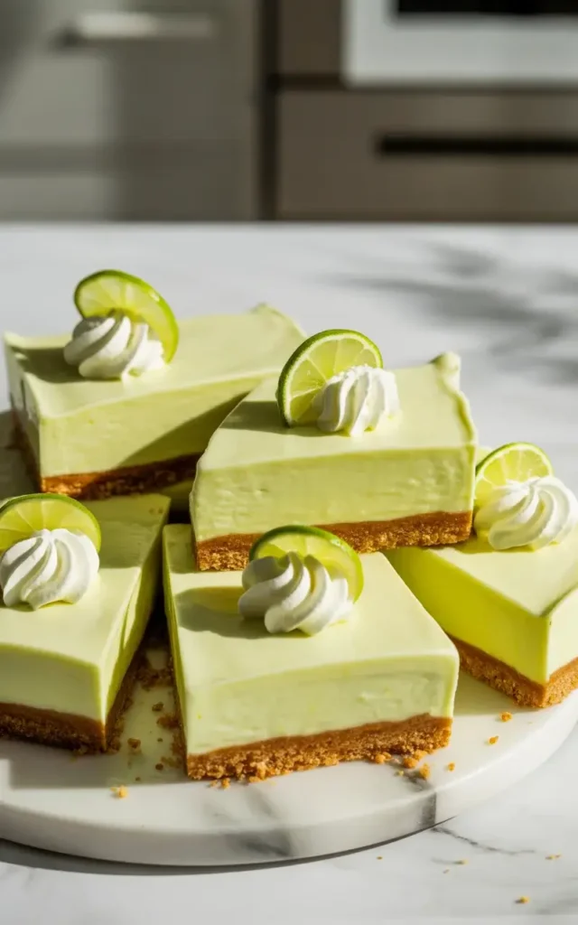 Slice into clean squares and top with whipped cream and lime for a beautiful finish