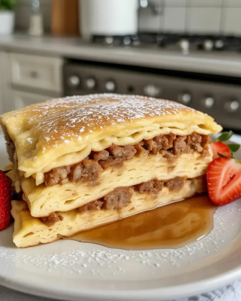 Sliced casserole revealing fluffy pancake layers with sausage throughout