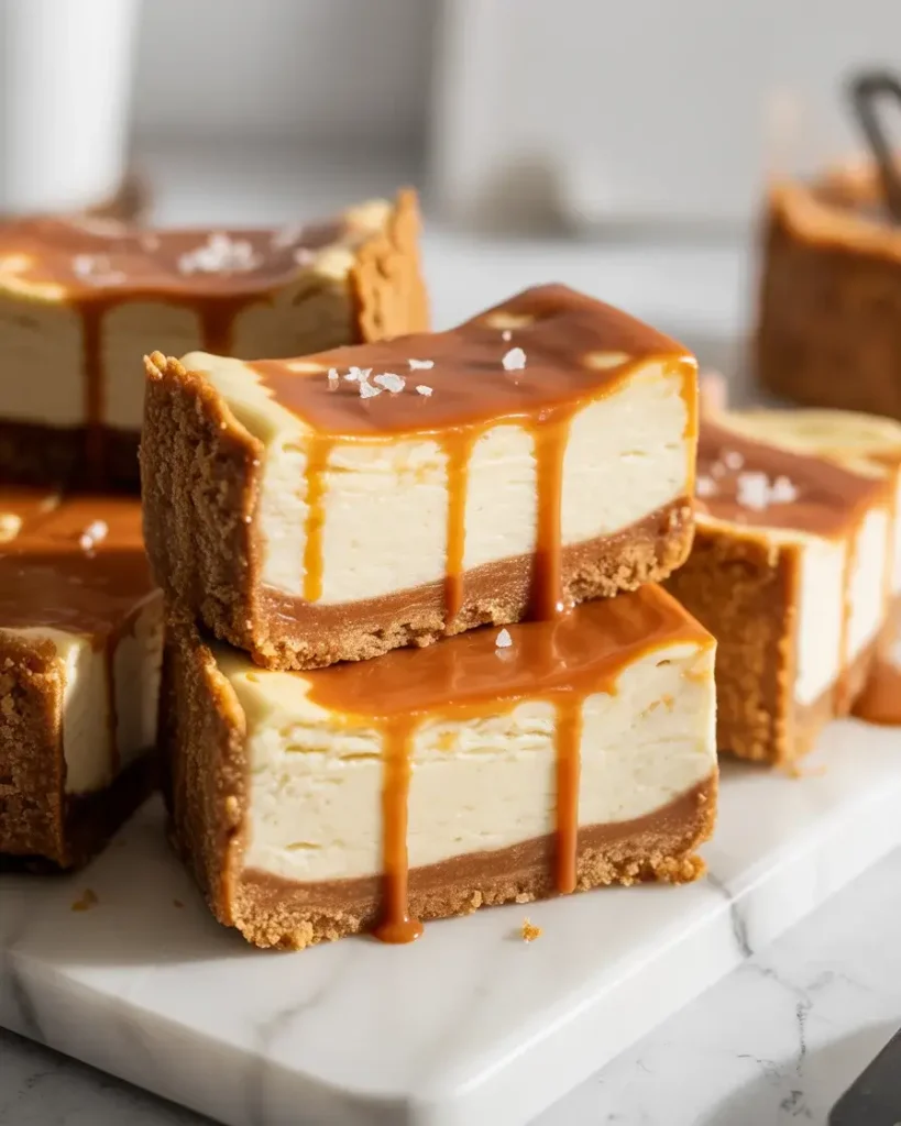 Sliced cheesecake bars showing golden caramel swirl and defined crust layers