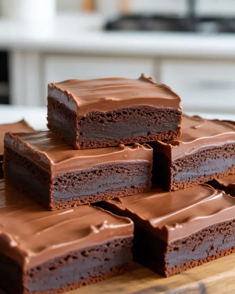 Sliced lunch lady brownies showing fudgy layers and smooth chocolate frosting