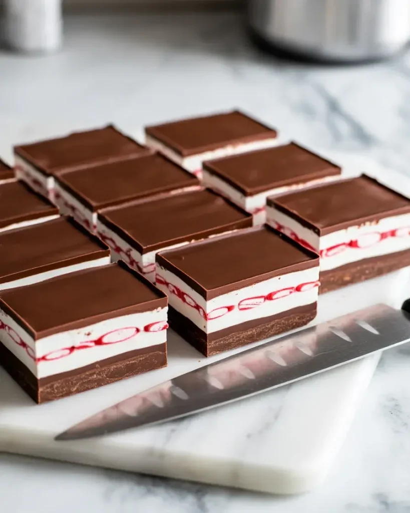 Sliced peppermint joy bars revealing three distinct clean layers