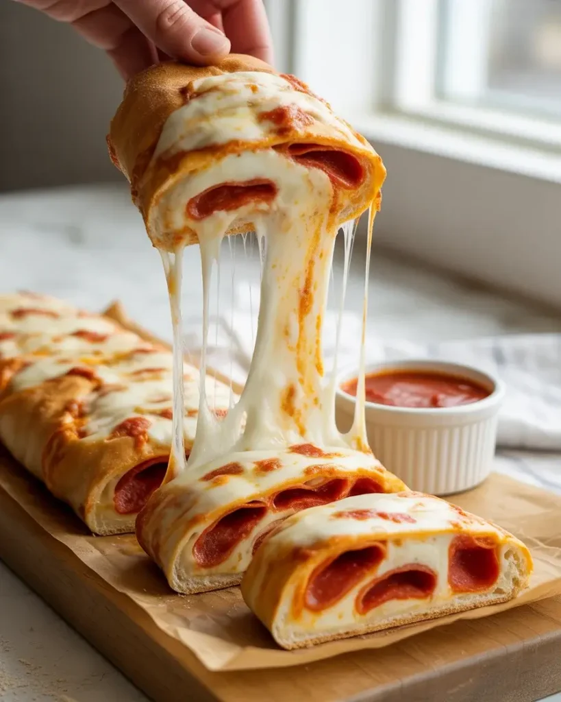 Sliced pepperoni stromboli showing layers of melted cheese and pepperoni with marinara for dipping